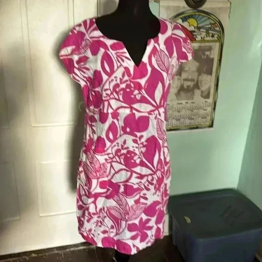 Boden tropical floral 100% linen shift pocket V-neck dress 12